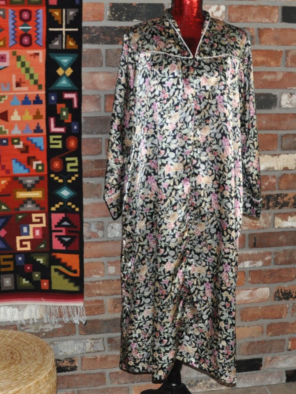 Vintage Christian Dior Satin Nightgown Floral Pockets, Half Zip Loungewear M
